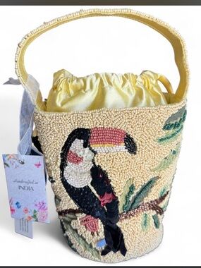 Made in India Yellow Beaded Toucan Bucket Bag